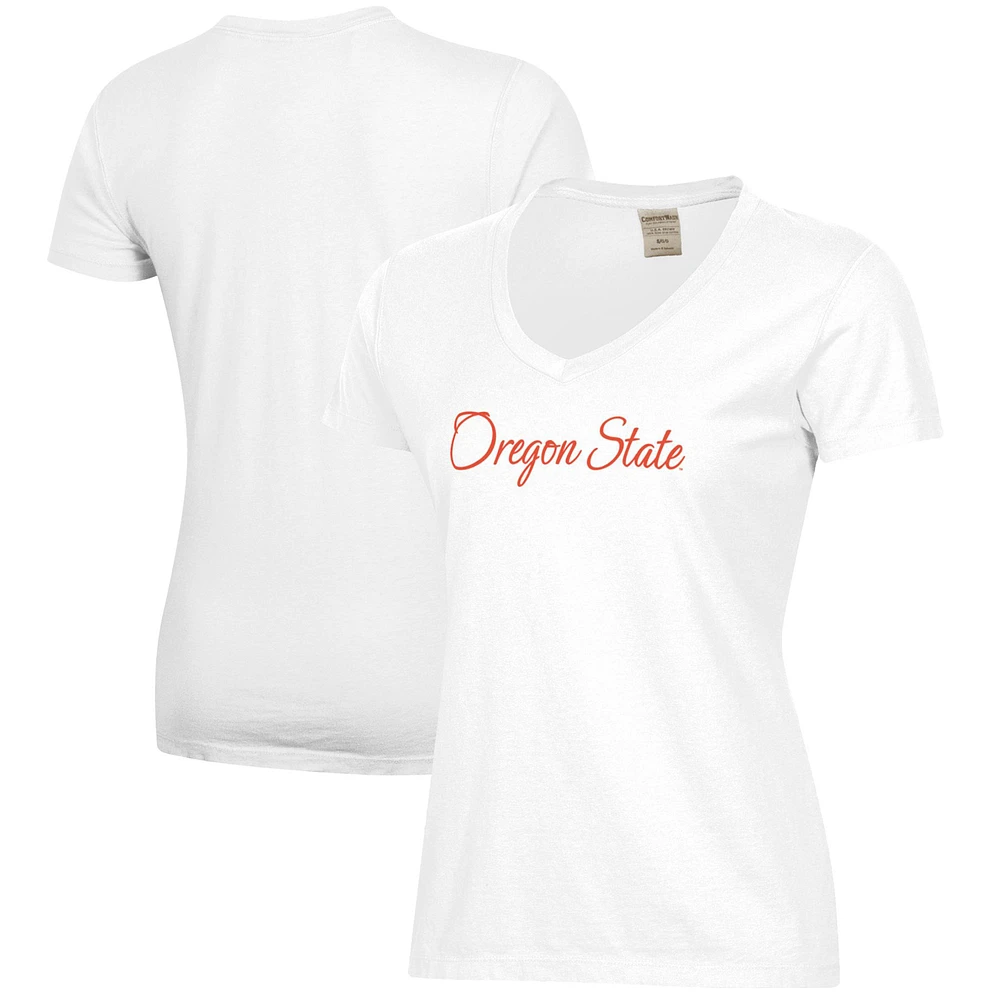 Women's White Oregon State Beavers Script Logo Comfort Wash V-Neck T-Shirt