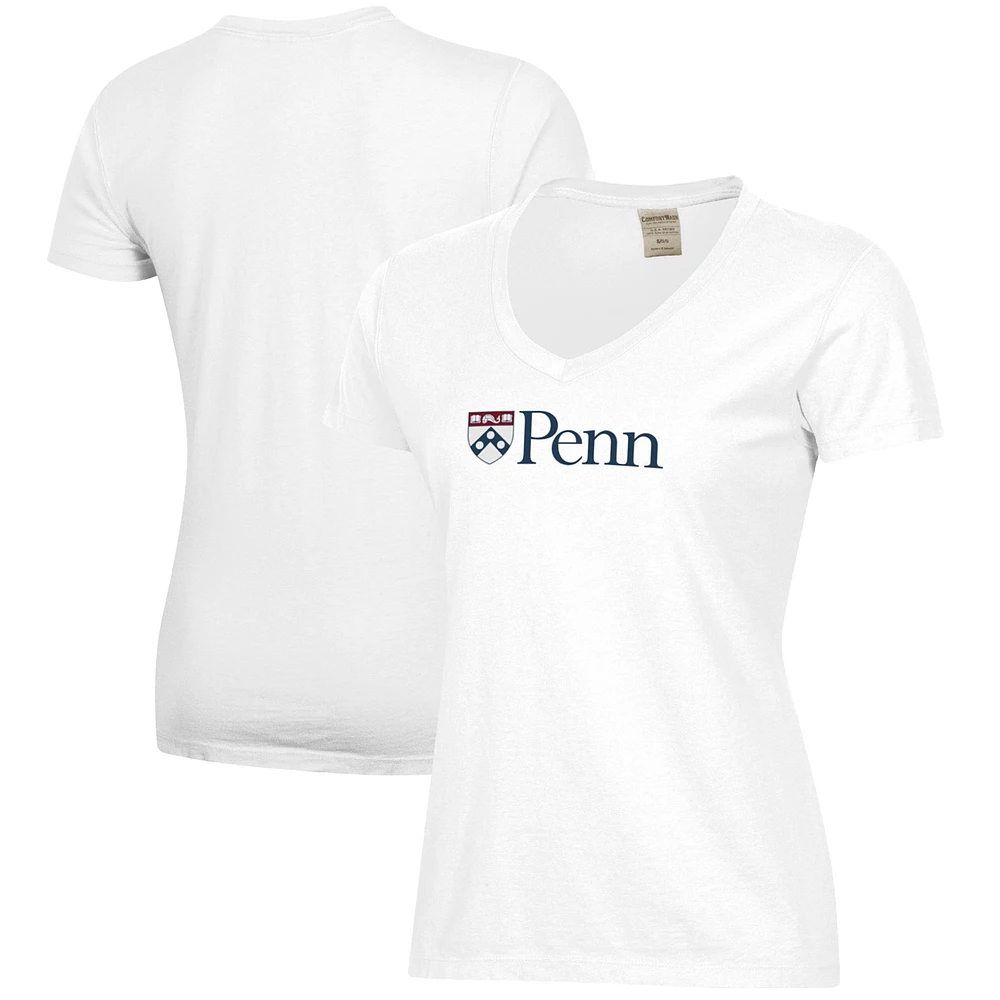 Women's White Pennsylvania Quakers Logo Comfort Wash V-Neck T-Shirt