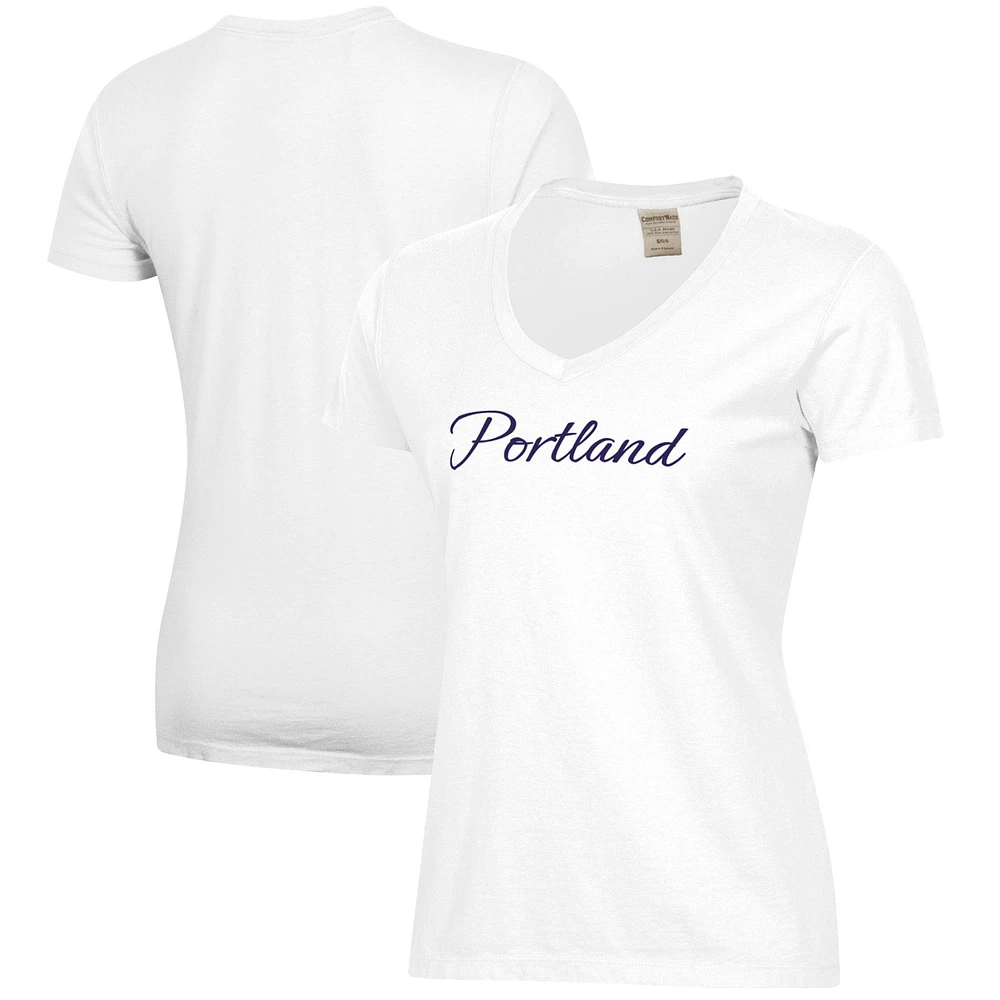 Women's White Portland Pilots Script Logo Comfort Wash V-Neck T-Shirt