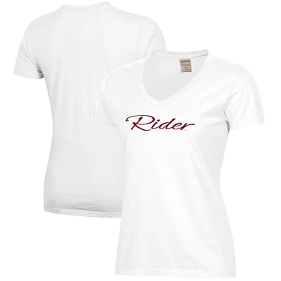 Women's White Rider Broncs Script Logo Comfort Wash V-Neck T-Shirt