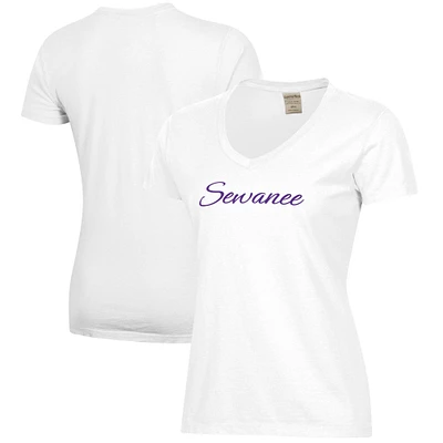 Women's White Sewanee Tigers Script Logo Comfort Wash V-Neck T-Shirt