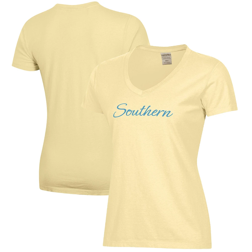 Women's Gold Southern University Jaguars Script Logo Comfort Wash V-Neck T-Shirt
