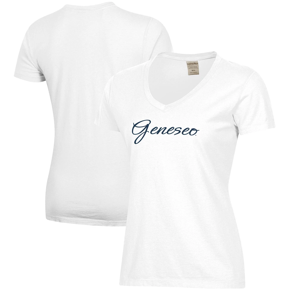 Women's White SUNY Geneseo Knights Script Logo Comfort Wash V-Neck T-Shirt