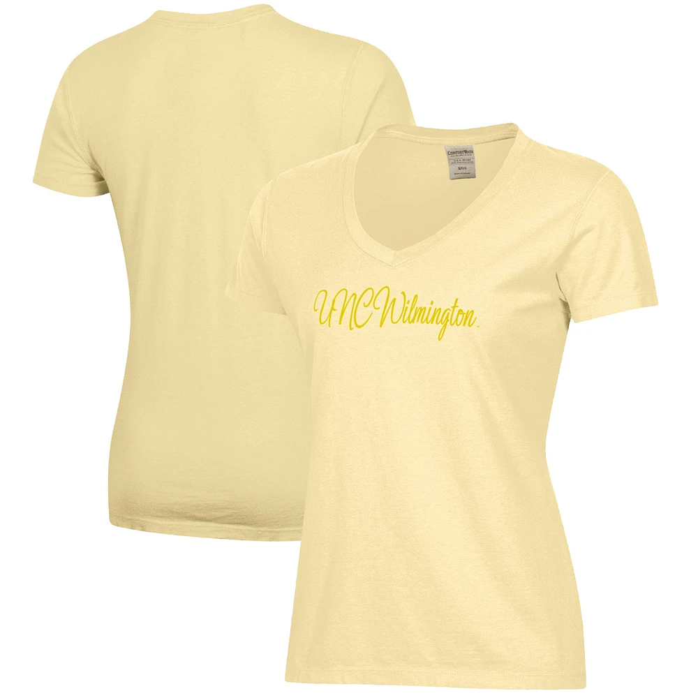 Women's Gold UNC Wilmington Seahawks Script Logo Comfort Wash V-Neck T-Shirt