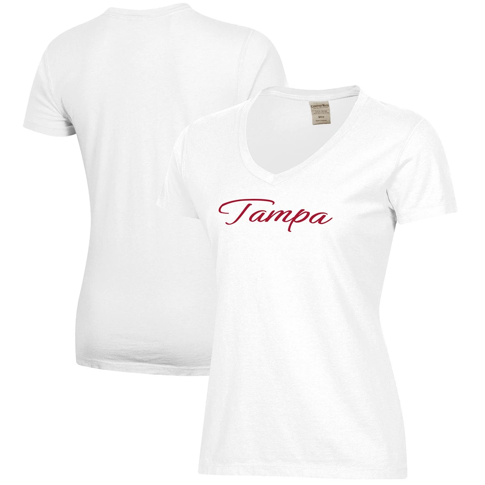 Women's White Tampa Spartans Script Logo Comfort Wash V-Neck T-Shirt