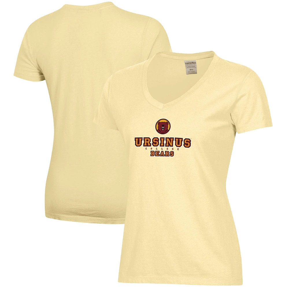 Women's Yellow Ursinus Bears Logo Comfort Wash V-Neck T-Shirt