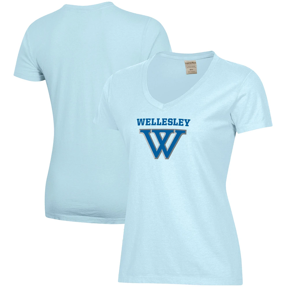 Women's Light Blue Wellesley Logo Comfort Wash V-Neck T-Shirt