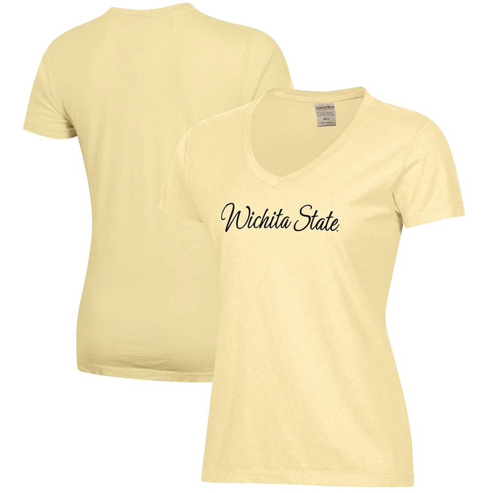 Women's Yellow Wichita State Shockers Script Logo Comfort Wash V-Neck T-Shirt