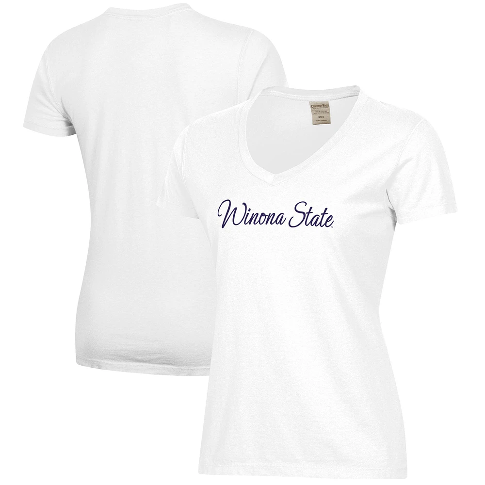 Women's White Winona State Warriors Script Logo Comfort Wash V-Neck T-Shirt