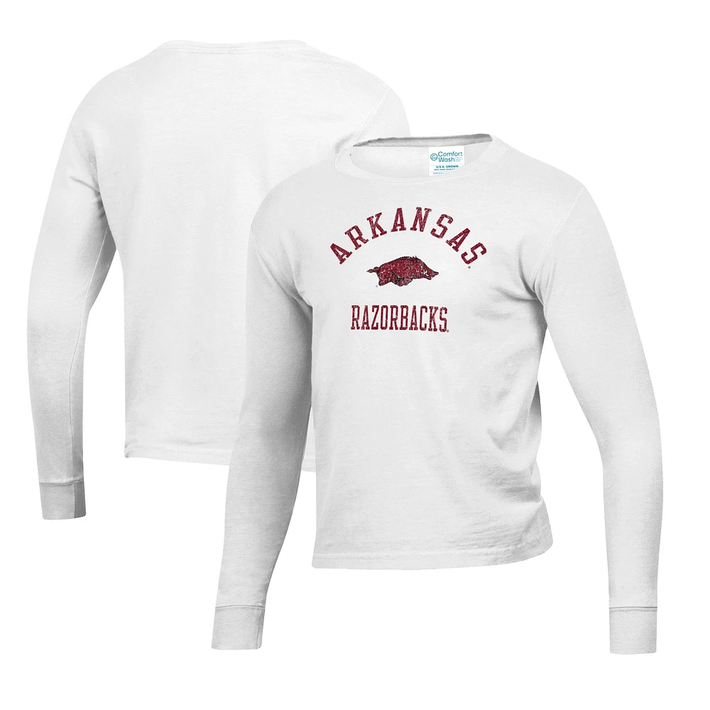 Youth White Arkansas Razorbacks Mascot Comfort Wash Long Sleeve T-Shirt