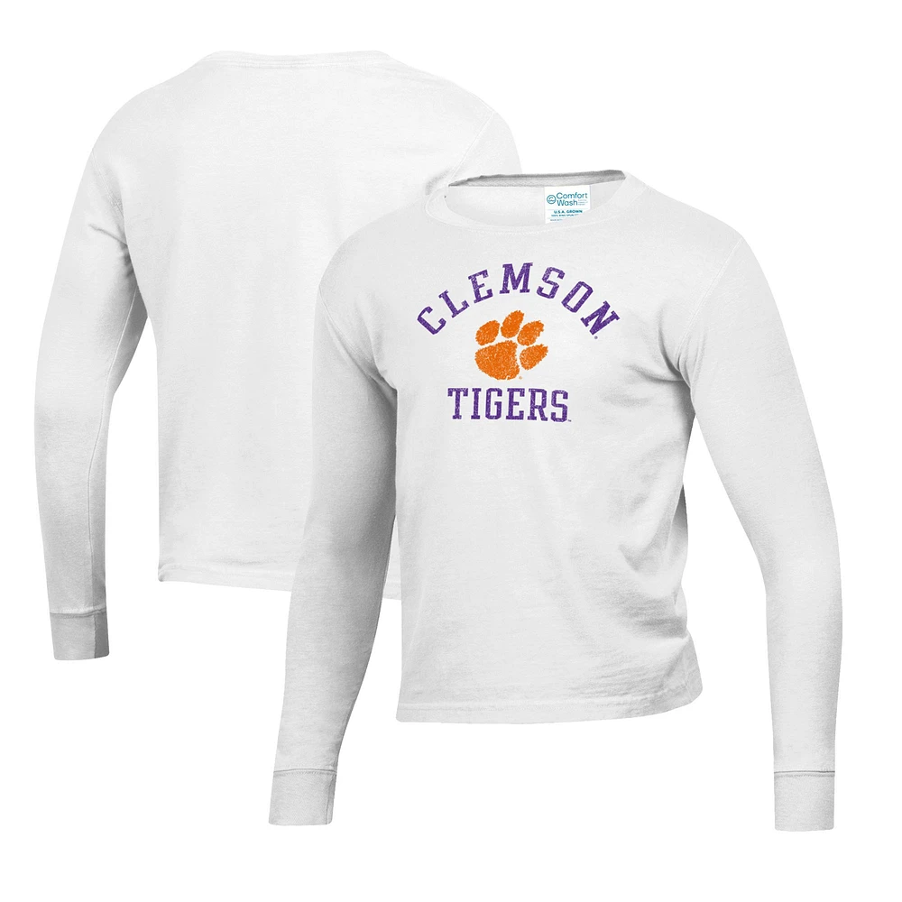 Youth White Clemson Tigers Mascot Comfort Wash Long Sleeve T-Shirt