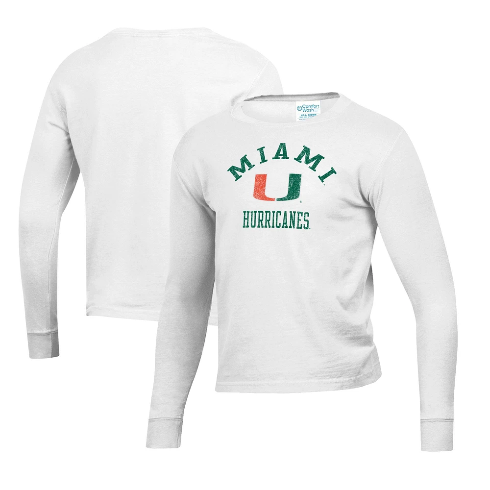 Youth White Miami Hurricanes Mascot Comfort Wash Long Sleeve T-Shirt