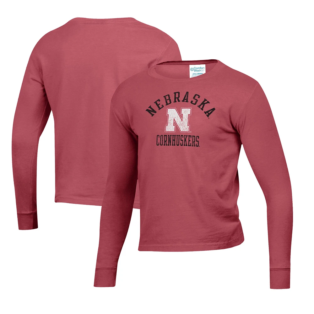 Youth Scarlet Nebraska Huskers Mascot Comfort Wash Long Sleeve T-Shirt