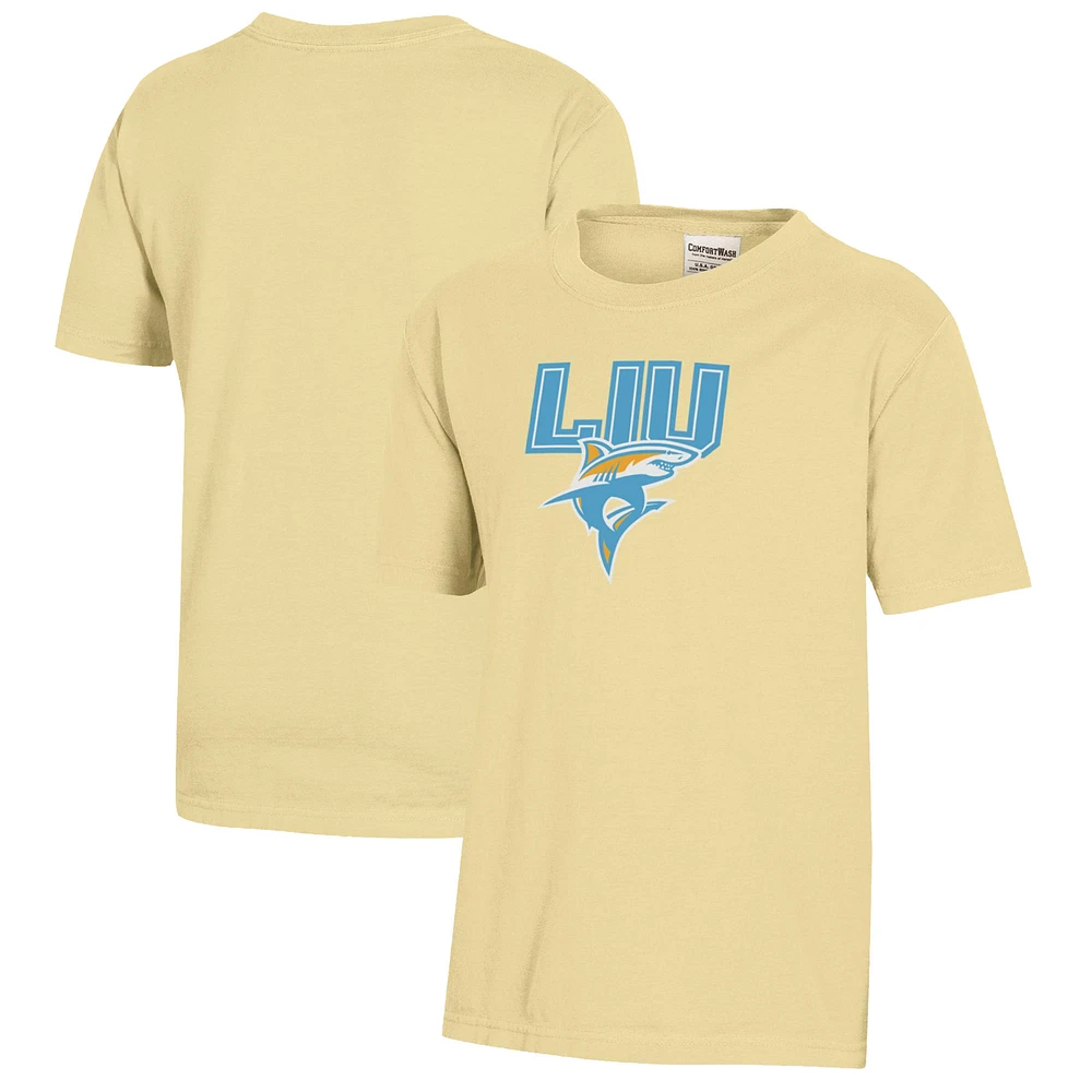 Youth Yellow LIU Sharks Logo Comfort Wash T-Shirt