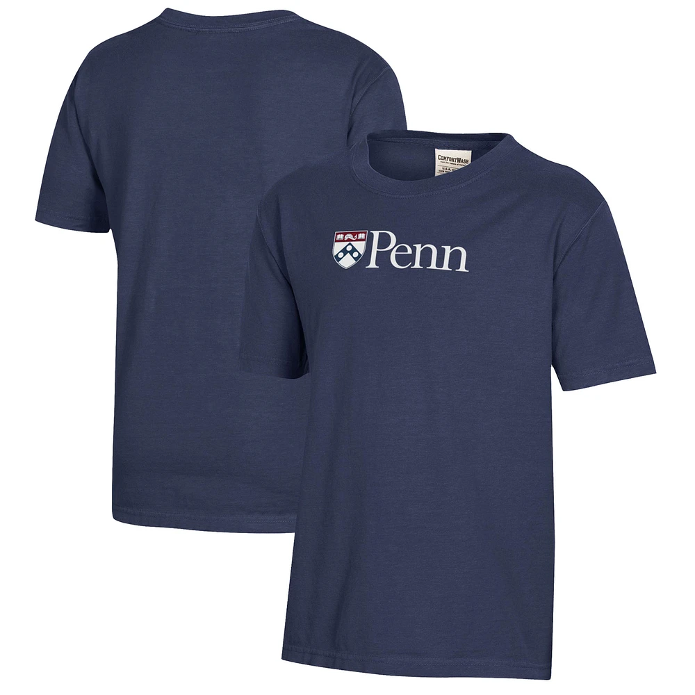 Youth Heather Navy Pennsylvania Quakers Logo Comfort Wash T-Shirt