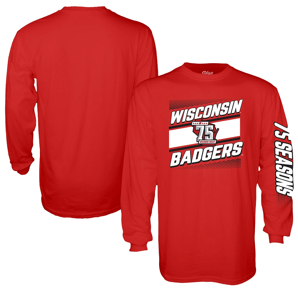 Men's Blue 84 Red Wisconsin Badgers Hockey 75th Season Long Sleeve T-Shirt