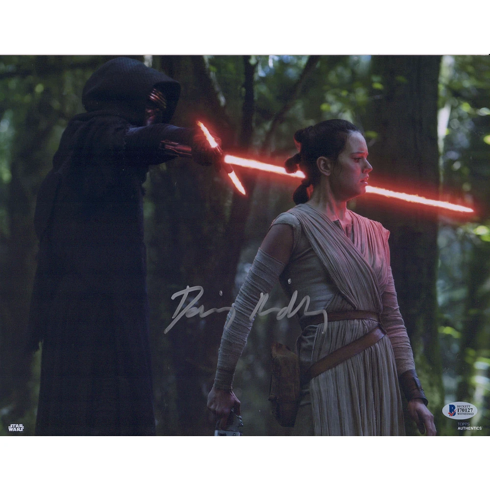 Daisy Ridley Star Wars Autographed 11" x 14" The Force Awakens with Kylo Ren Lightsaber to Rey's Neck Photograph - Beckett