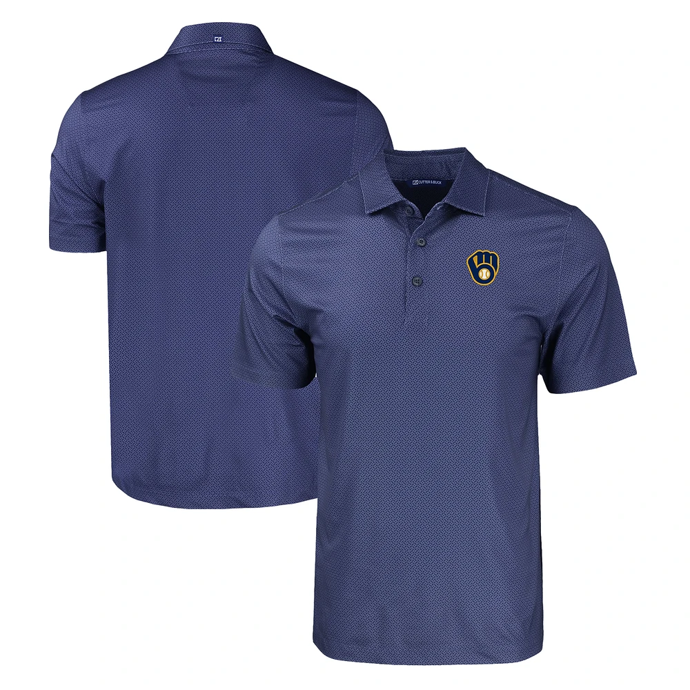 Men's Cutter & Buck Navy Milwaukee Brewers Big Tall Pike Eco Tonal Geo Print Stretch Recycled Polo