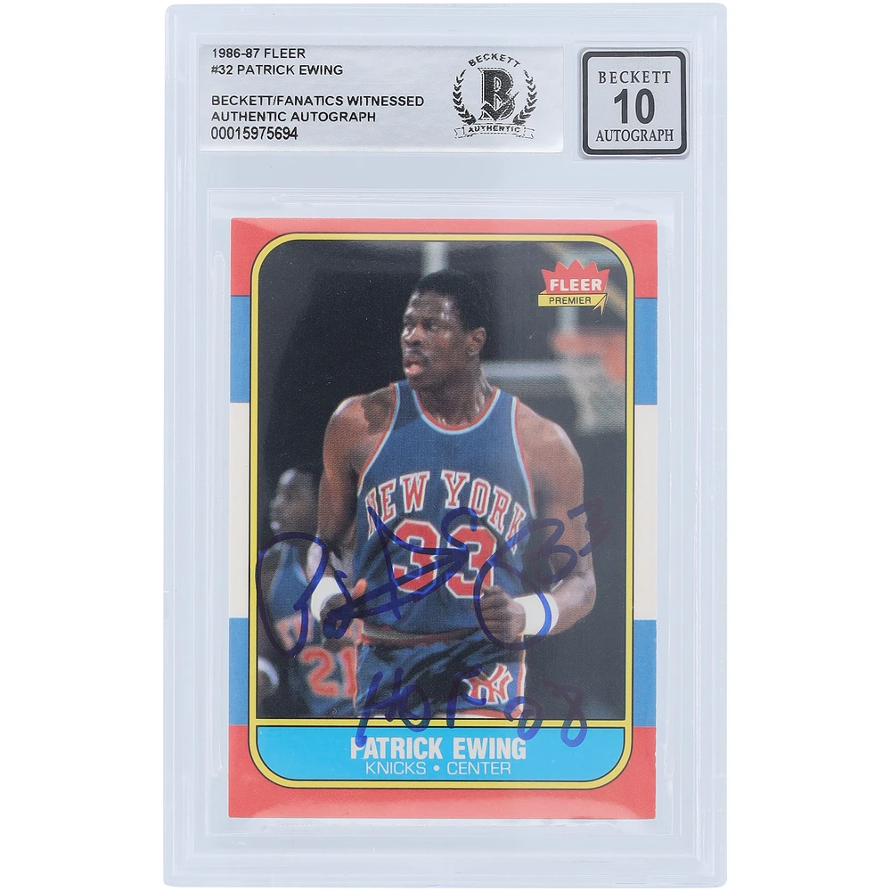 Patrick Ewing New York Knicks Autographed 1986 Fleer Series 1 #32 Beckett Fanatics Witnessed Authenticated 10 Rookie Card with "HOF 08" Inscription