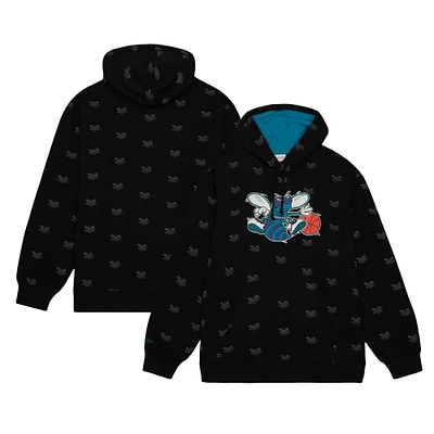 Men's Mitchell & Ness Black Charlotte Hornets Hardwood Classics Allover Print Pullover Hoodie