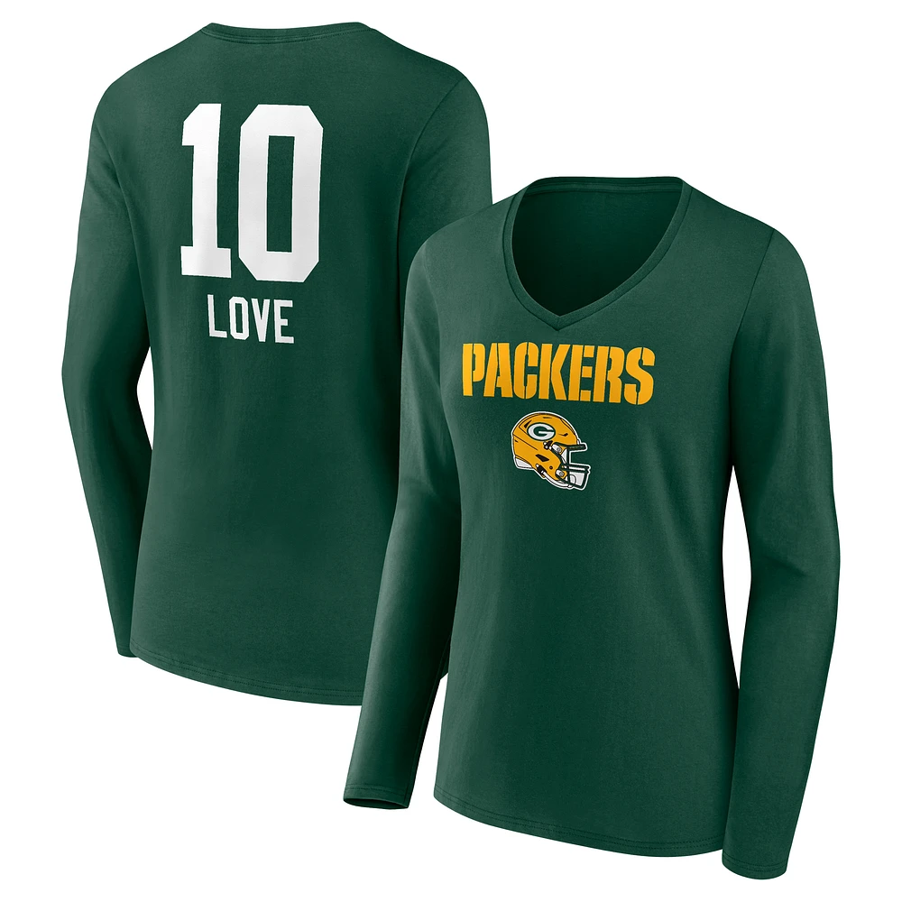 Women's Jordan Love Green Green Bay Packers Team Wordmark Name & Number Long Sleeve V-Neck T-Shirt