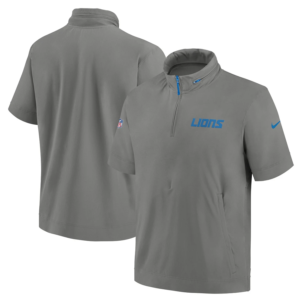 Men's Nike Gray Detroit Lions 2024 Sideline Coach Short Sleeve Half-Zip Hoodie Jacket