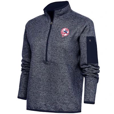Women's Antigua Heather Navy New York Yankees Cooperstown Logo Fortune Quarter-Zip Pullover Jacket