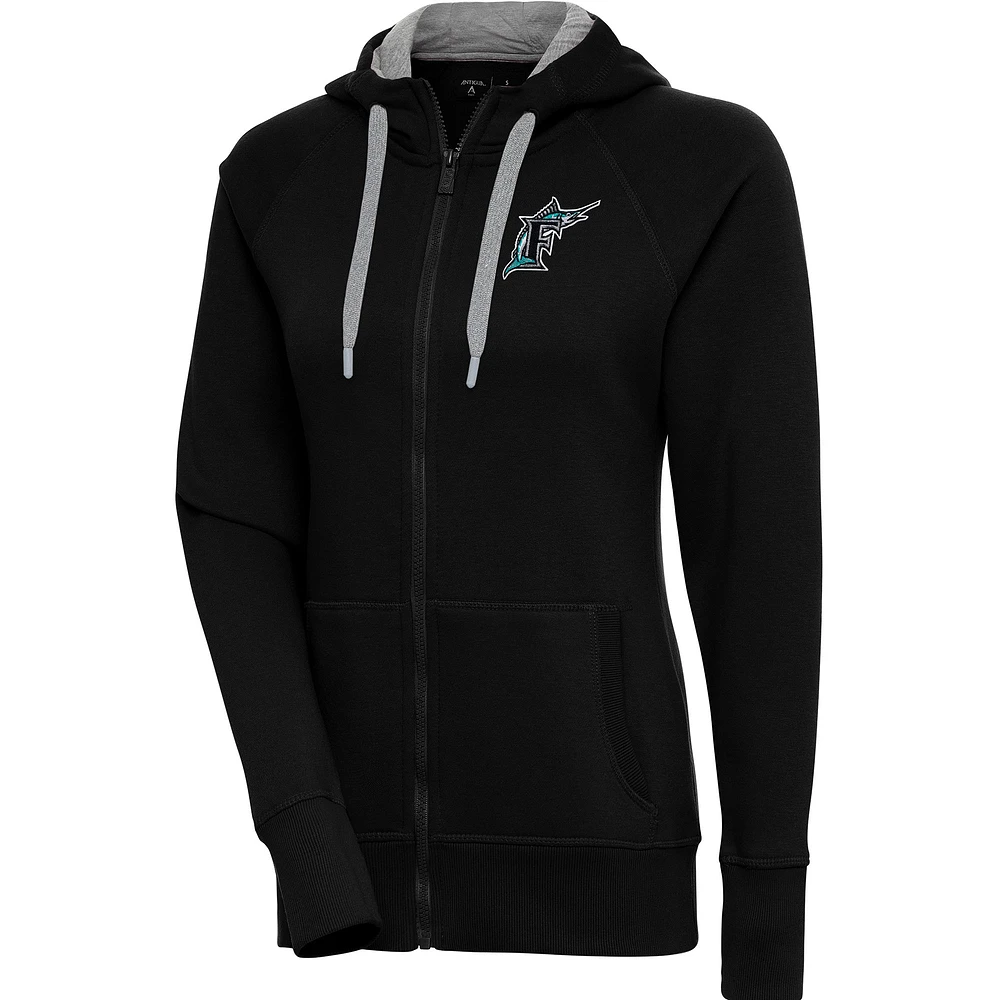 Women's Antigua Black Florida Marlins Cooperstown Collection Victory Raglan Full-Zip Hoodie