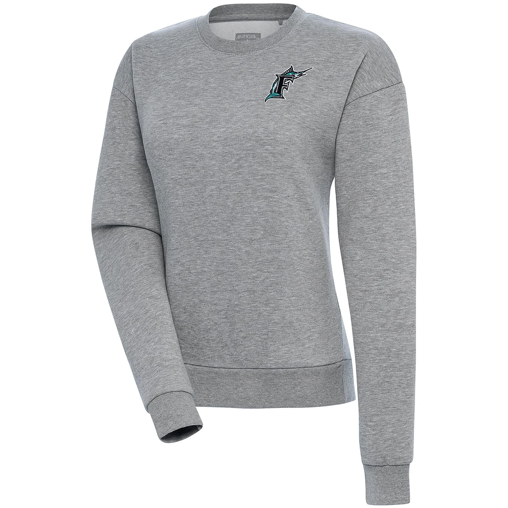 Women's Antigua Heather Gray Florida Marlins Cooperstown Victory Crewneck Pullover Sweatshirt