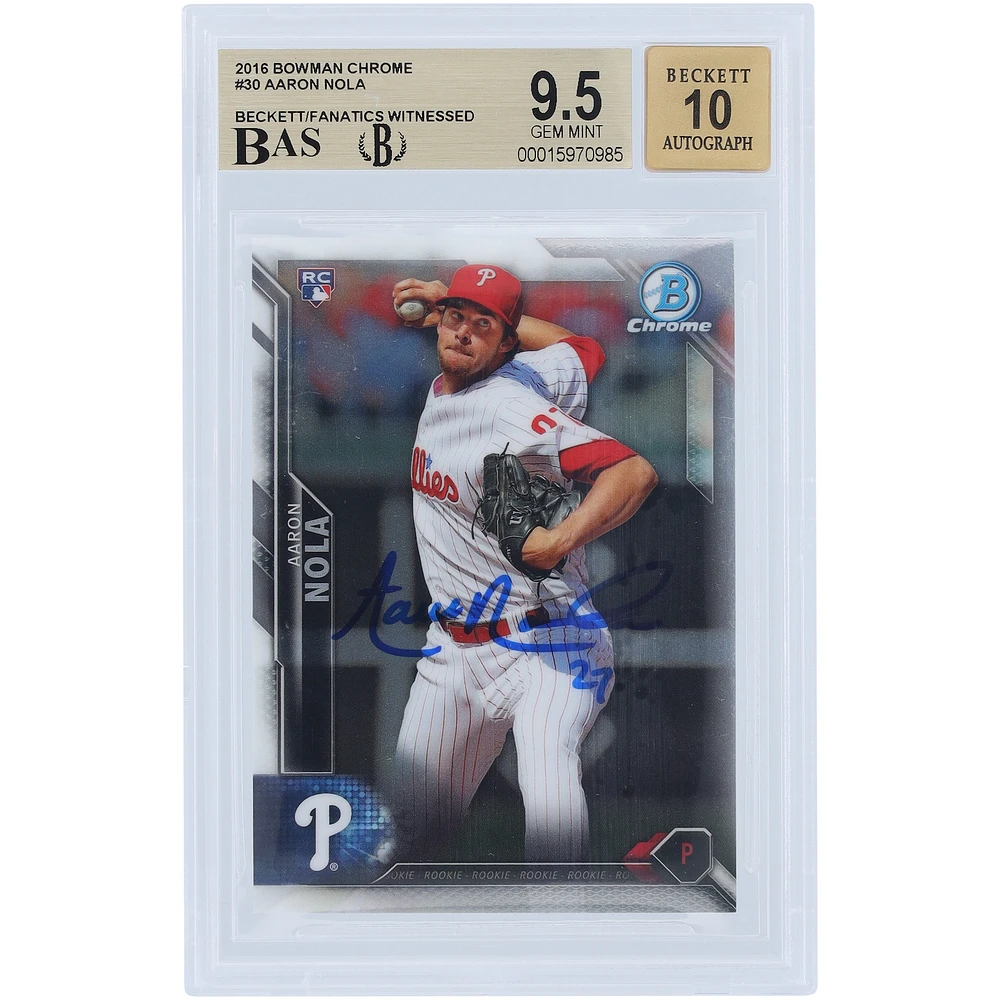 Aaron Nola Philadelphia Phillies Autographed 2016 Bowman Chrome #30 Beckett Fanatics Witnessed Authenticated 9.5/10 Rookie Card