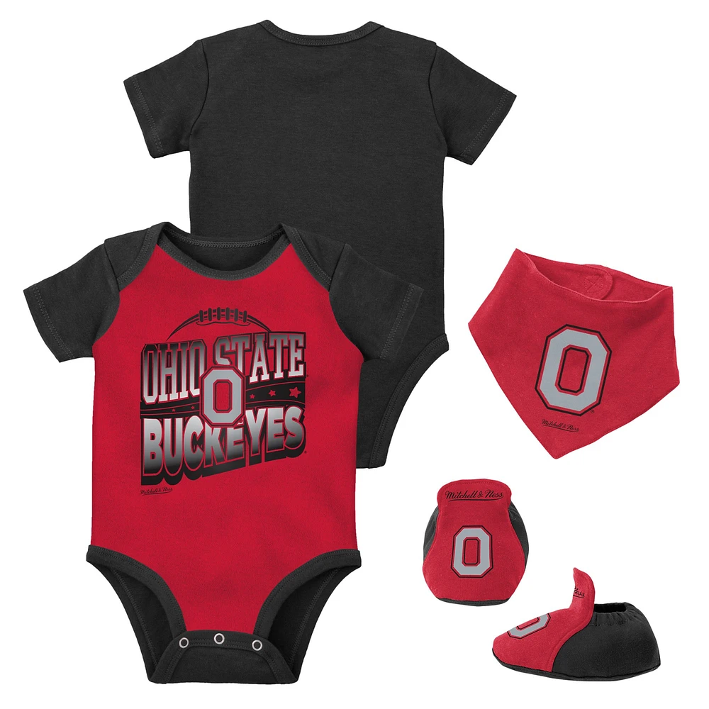 Infant Mitchell & Ness Black/Scarlet Ohio State Buckeyes 3-Pack Bodysuit, Bib and Bootie Set