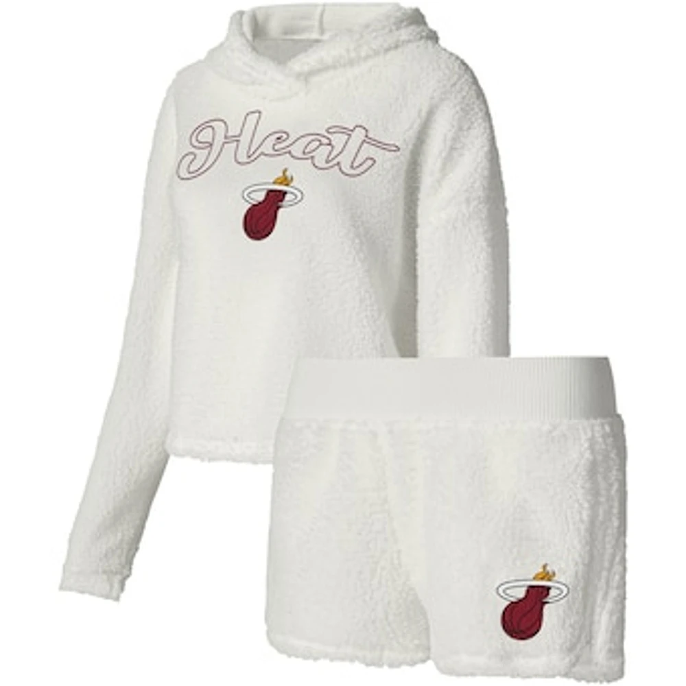 Women's College Concepts Cream Miami Heat Fluffy Long Sleeve Hoodie T-Shirt & Shorts Sleep Set