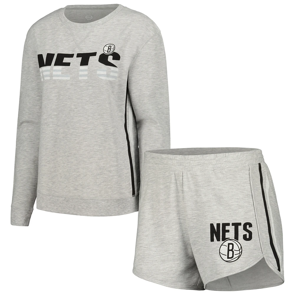 Women's Concepts Sport Gray Brooklyn Nets Cedar Long Sleeve Top & Shorts Sleep Set