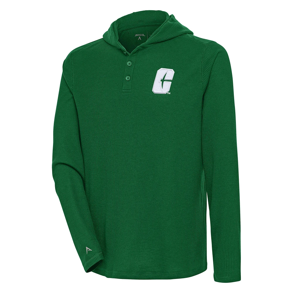 Men's Antigua Green Charlotte 49ers Strong Hold Long Sleeve Henley Hoodie T-Shirt