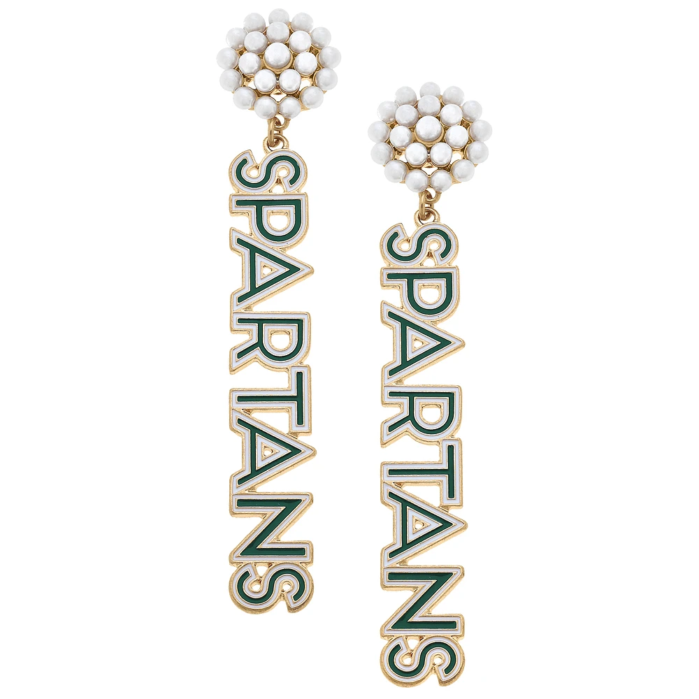 Women' CANVAS Style Michigan State Spartans Pearl Cluster Outline Enamel Drop Earrings