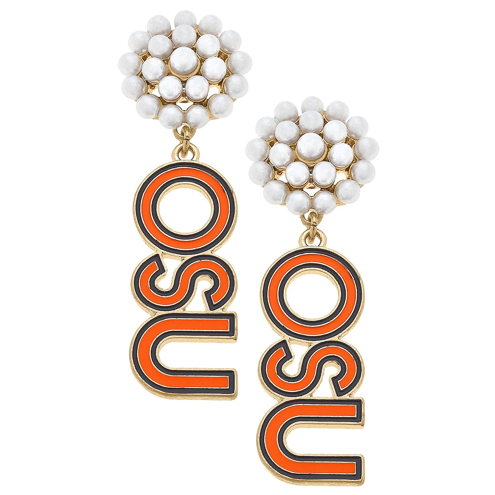 Women' CANVAS Style Oklahoma State Cowboys Pearl Cluster Outline Enamel Drop Earrings