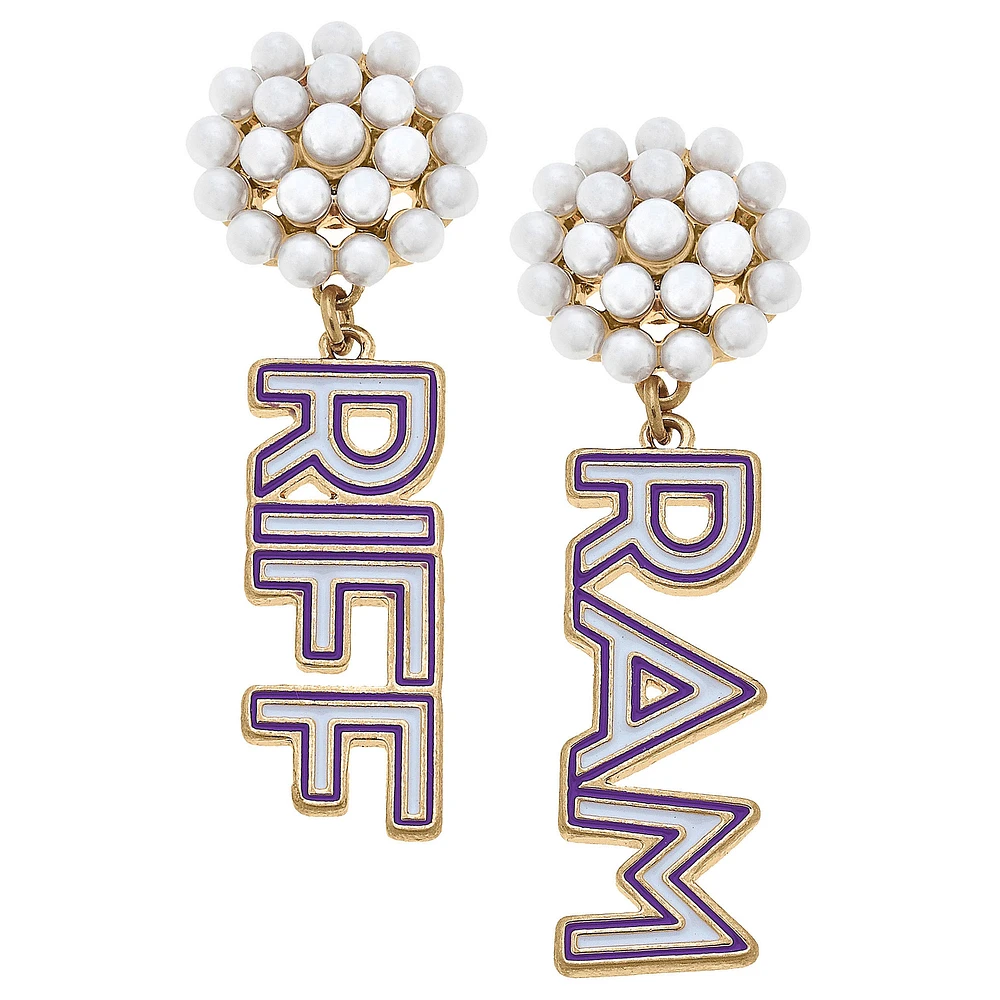 Women' CANVAS Style TCU Horned Frogs Pearl Cluster Outline Enamel Drop Earrings