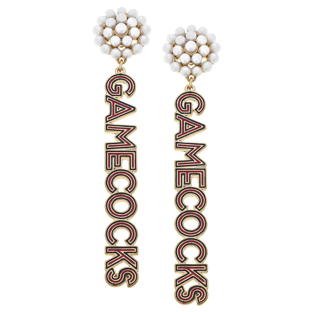 Women' CANVAS Style South Carolina Gamecocks Pearl Cluster Outline Enamel Drop Earrings