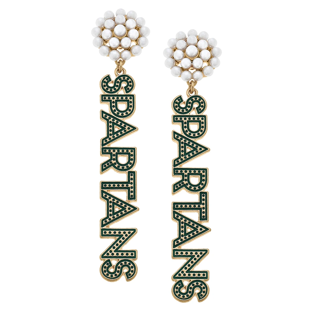 Women' CANVAS Style Michigan State Spartans Pearl Cluster Dotted Enamel Drop Earrings