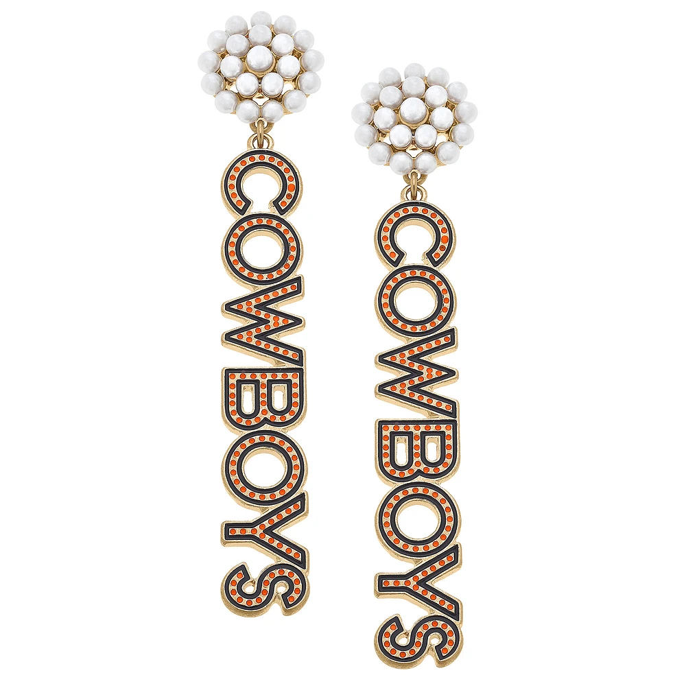 Women' CANVAS Style Oklahoma State Cowboys Pearl Cluster Dotted Enamel Drop Earrings
