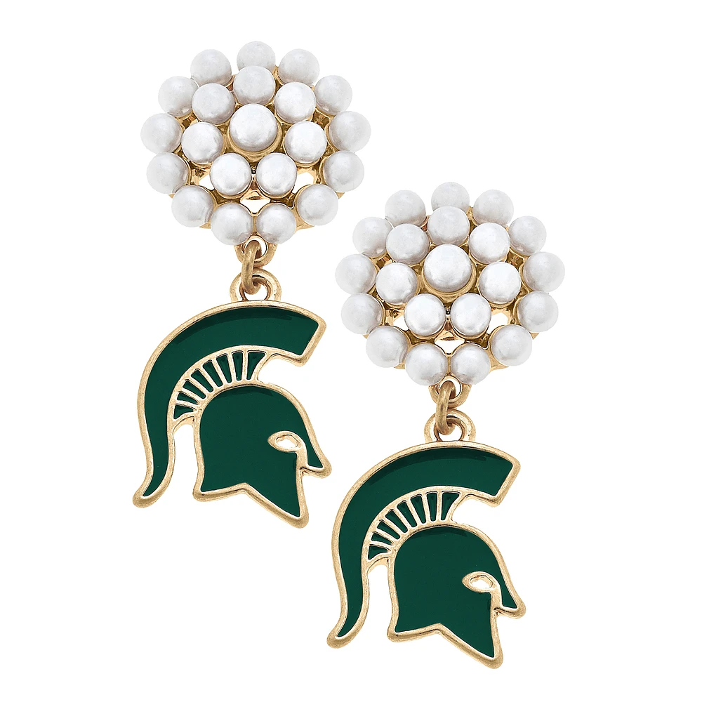 Women' CANVAS Style Michigan State Spartans Pearl Cluster Enamel Drop Earrings