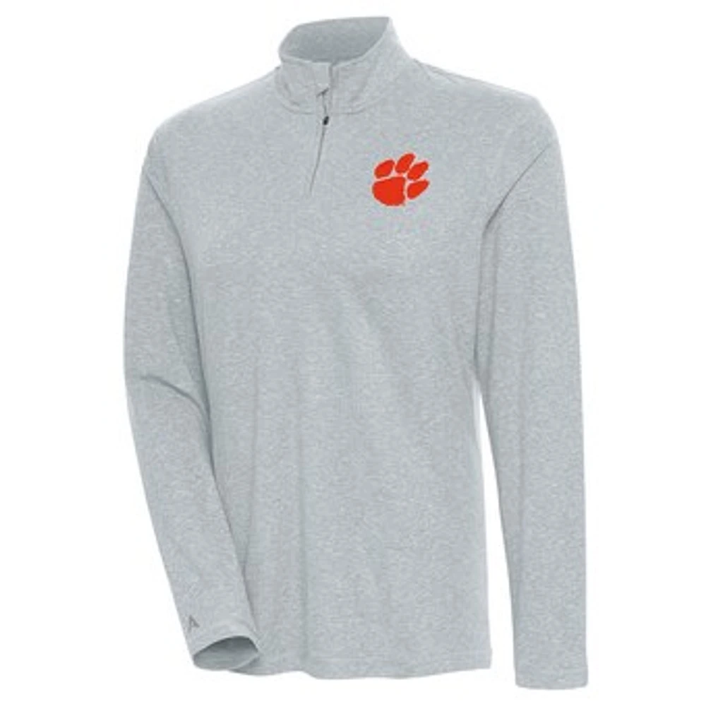 Women's Antigua Heather Gray Clemson Tigers Confront Quarter-Zip Pullover Top