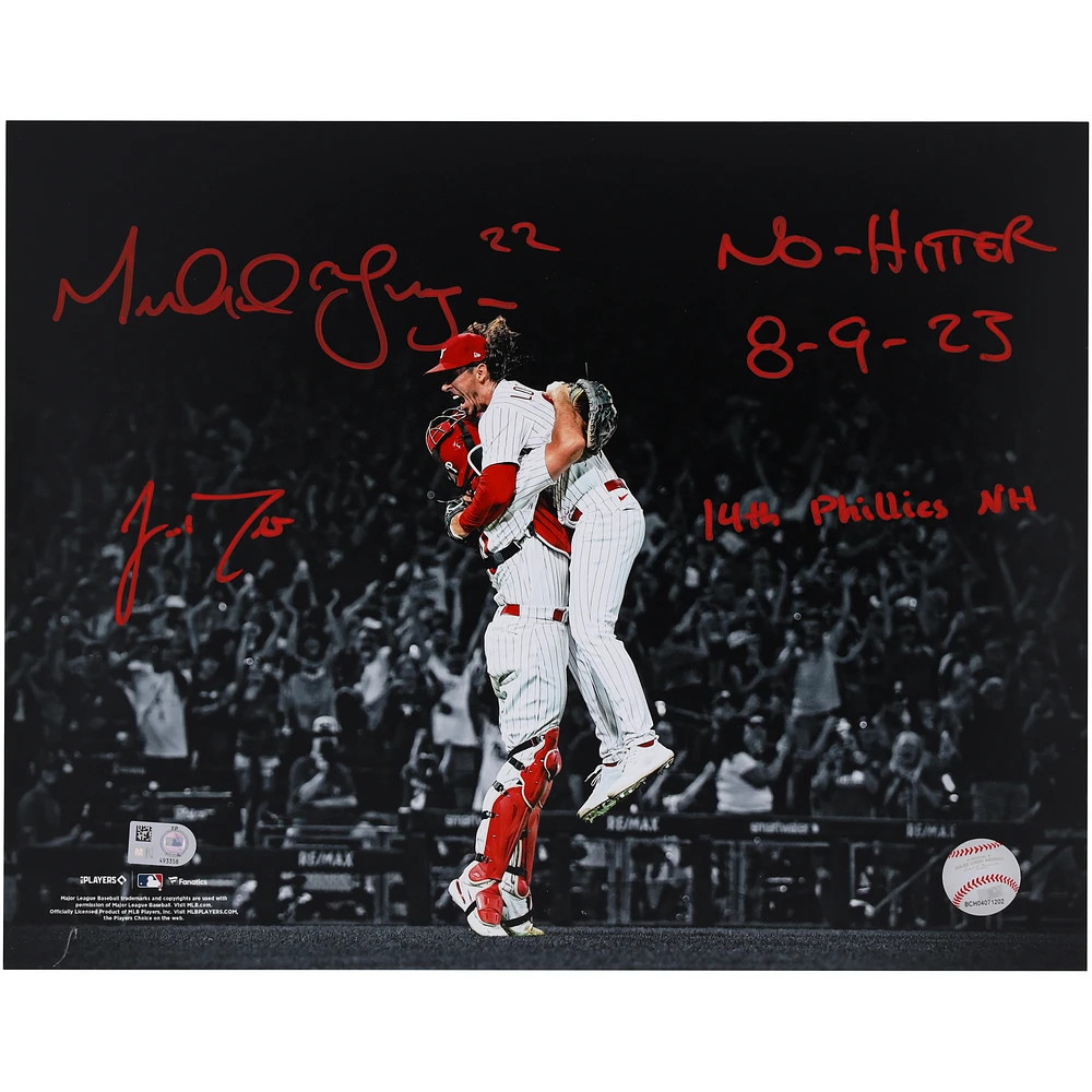 Michael Lorenzen & J.T. Realmuto Philadelphia Phillies Autographed 11" x 14" No-Hitter Spotlight Photograph with "No Hitter 8-9-23" and "14th Phillies NH" Inscriptions - Signed in Red Ink