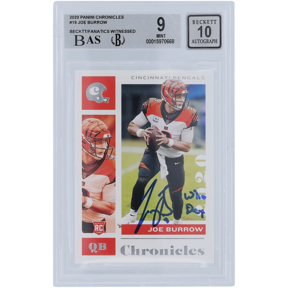 Joe Burrow Cincinnati Bengals Autographed 2020 Panini Chronicles #19 Beckett Fanatics Witnessed Authenticated 9/10 Rookie Card with "Who Dey" Inscription - 9.5,9,9,9.5 Subgrades