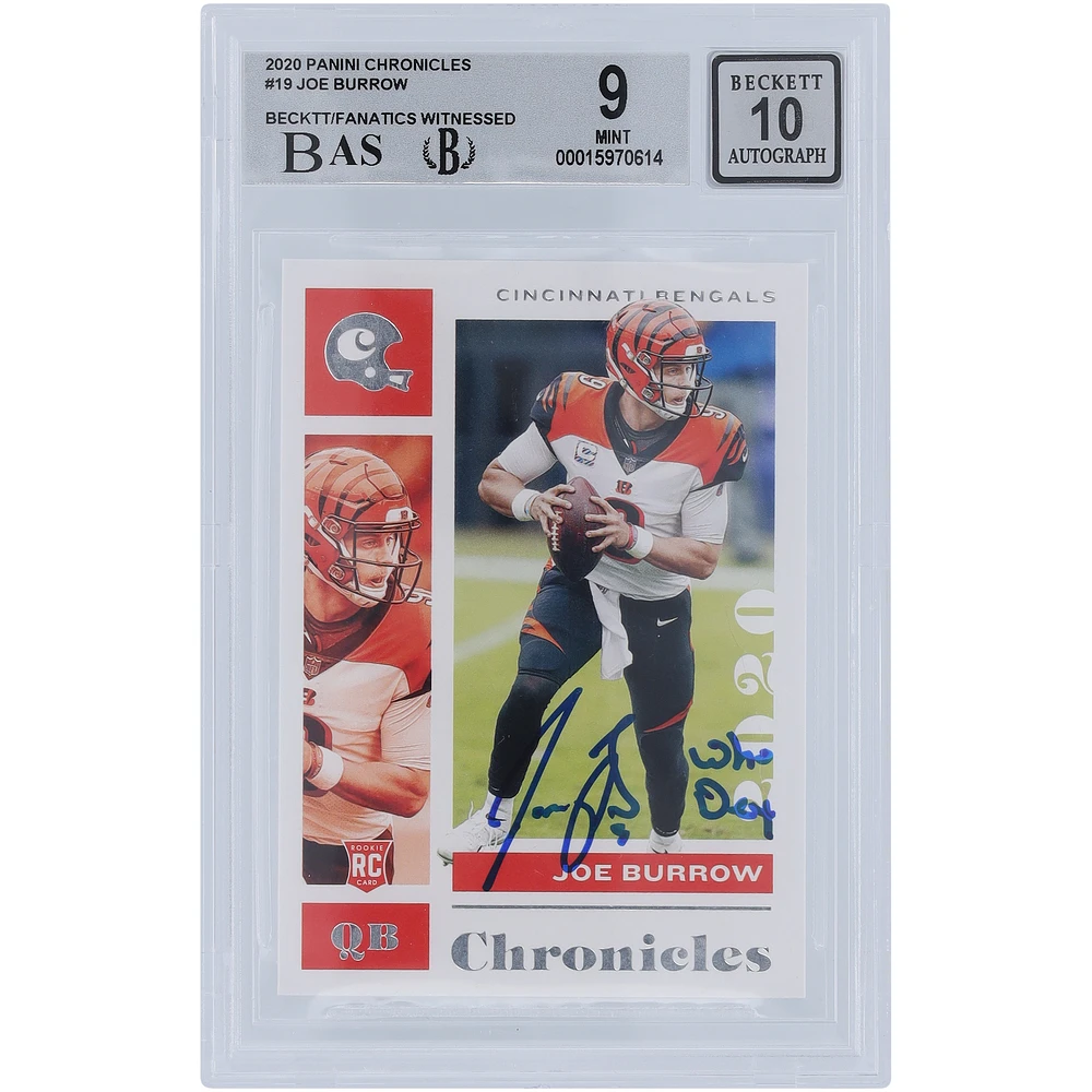 Joe Burrow Cincinnati Bengals Autographed 2020 Panini Chronicles #19 Beckett Fanatics Witnessed Authenticated 9/10 Rookie Card with "Who Dey" Inscription - 9,9,9.5,9 Subgrades