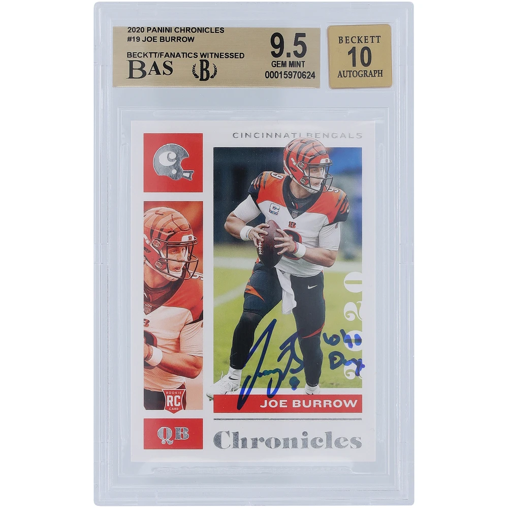 Joe Burrow Cincinnati Bengals Autographed 2020 Panini Chronicles #19 Beckett Fanatics Witnessed Authenticated 9.5/10 Rookie Card with "Who Dey" Inscription - 9.5,9.5,9.5,10 Subgrades