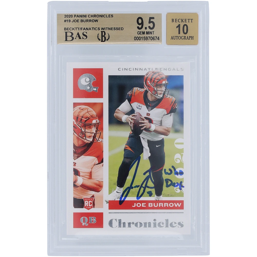Joe Burrow Cincinnati Bengals Autographed 2020 Panini Chronicles #19 Beckett Fanatics Witnessed Authenticated 9.5/10 Rookie Card with "Who Dey" Inscription - 9.5,9.5,9,9.5 Subgrades