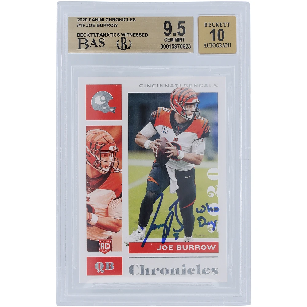 Joe Burrow Cincinnati Bengals Autographed 2020 Panini Chronicles #19 Beckett Fanatics Witnessed Authenticated 9.5/10 Rookie Card with "Who Dey" Inscription - 10,9.5,9.5,9.5 Subgrades