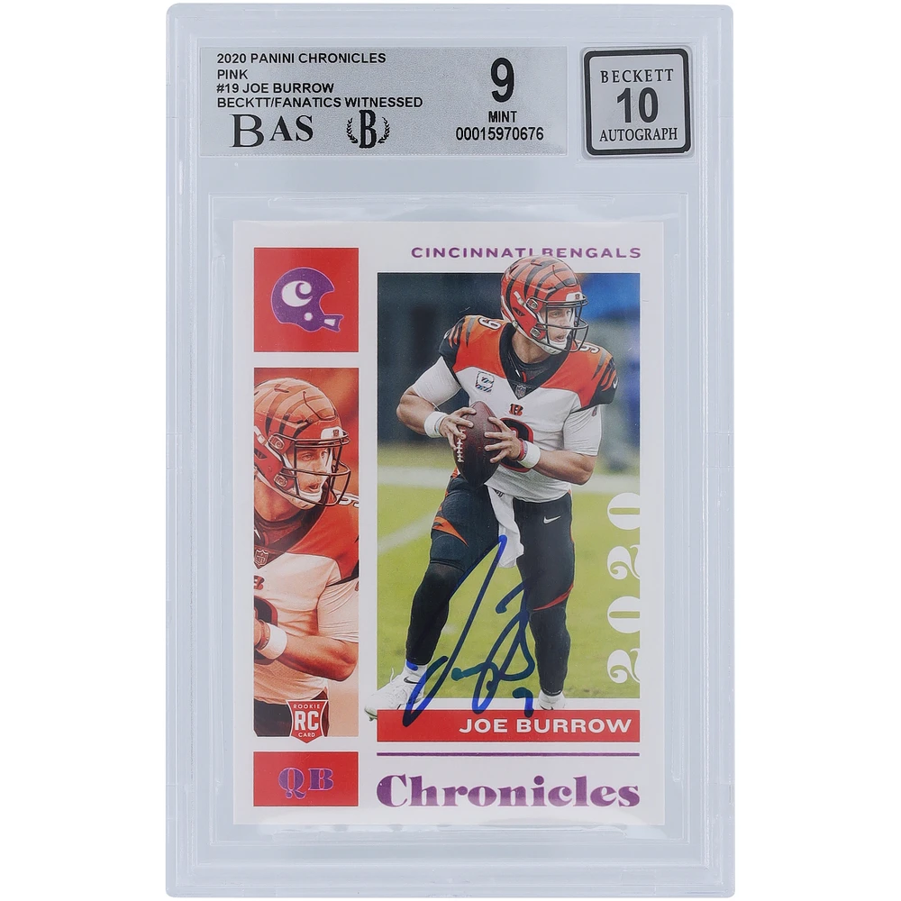 Joe Burrow Cincinnati Bengals Autographed 2020 Panini Chronicles Pink #19 Beckett Fanatics Witnessed Authenticated 9/10 Rookie Card - 8.5,9.5,9.5,9 Subgrades