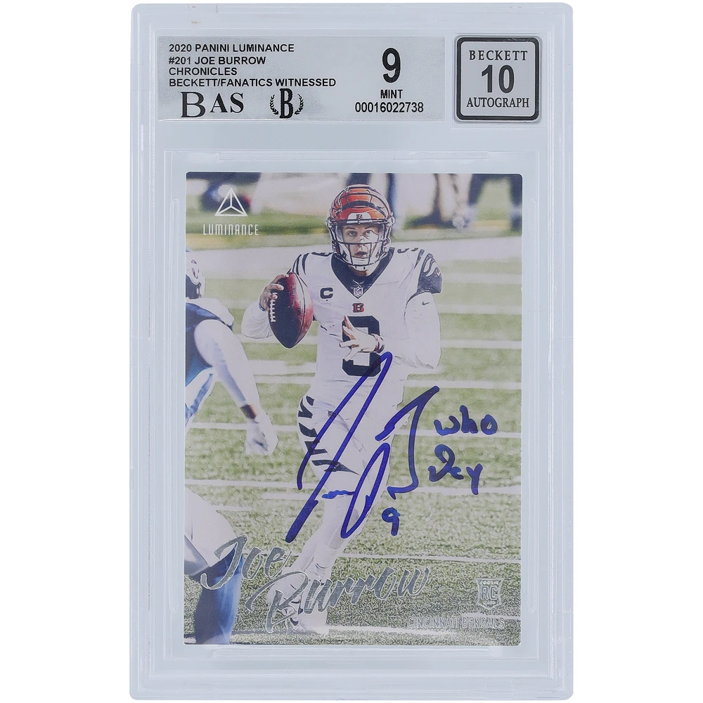 Joe Burrow Cincinnati Bengals Autographed 2020 Panini Luminance #201 Beckett Fanatics Witnessed Authenticated 9/10 Rookie Card with "Who Dey" Inscription - 10,8.5,9.5,9.5 Subgrades